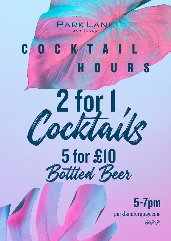 Park Lane Happy Hours 5pm-7pm

2-4-1 on ALL  cocktails!
5-4-£10 ALL Bottled Beers &amp; VKs Mix &amp; Match