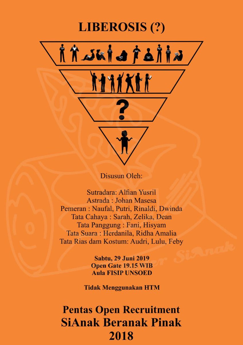 “TAK ADA YANG PEDULI MEREKA MENJALANINYA TULUS ATAU HANYA TUNTUTAN BELAKA”.
Teater SiAnak kembali dengan Pentas Studi 2018. Mari datang dan beri apresiasi !! LEBROSIS (?)
.
Karya : Teater SiAnak
Hari : Sabtu, 29 Juni 2019
Waktu : Buka gerbang di 19.15 WIB
.