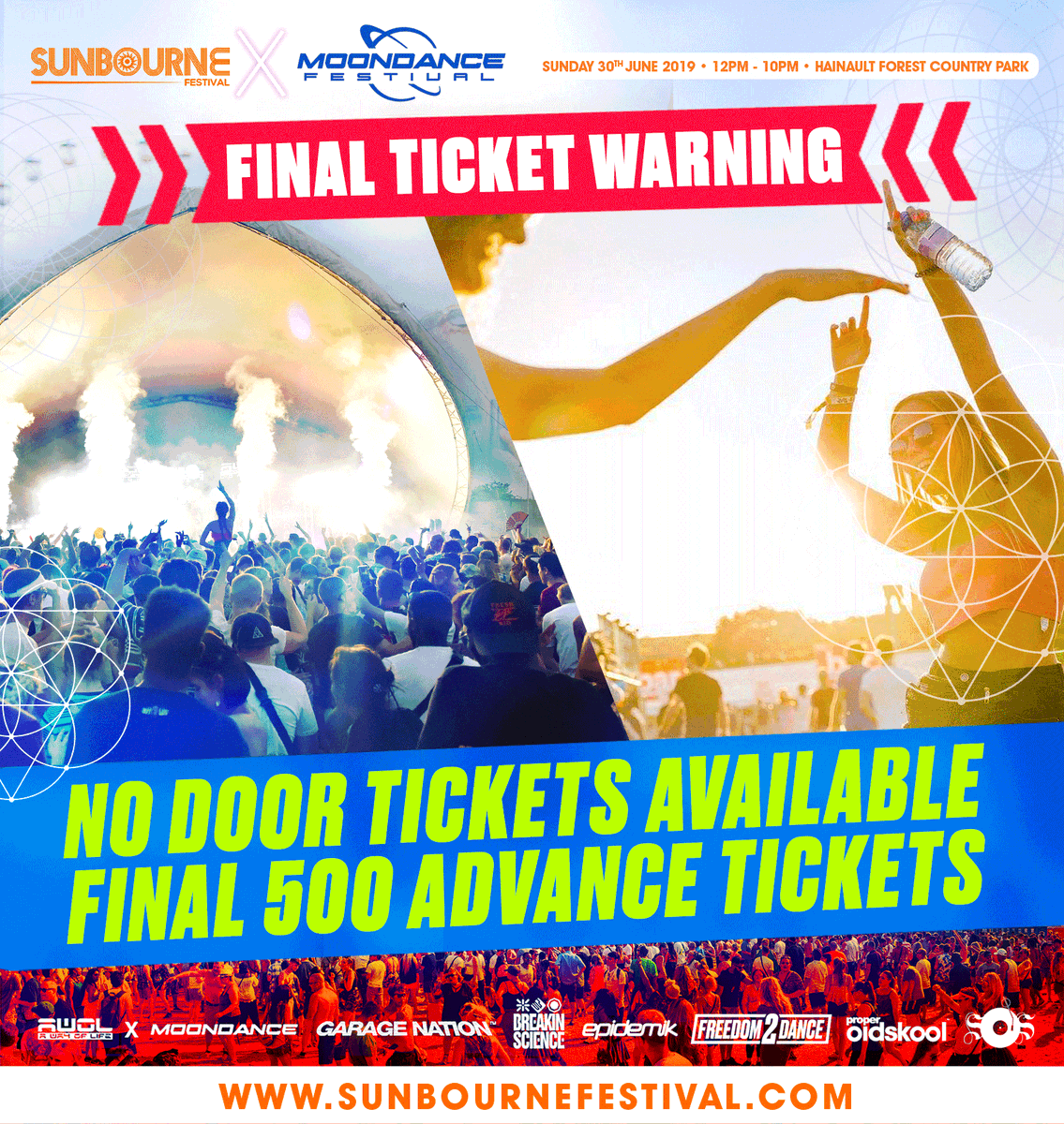 FINAL TICKET WARNING! 
Less than 500 tickets left on sale for Sunbourne x Moondance this Sunday! 

All £30 tickets sold out, final release £35 tickets selling fast! Please note there will be no tickets available on the door! Tickets: sunbournefestival.com