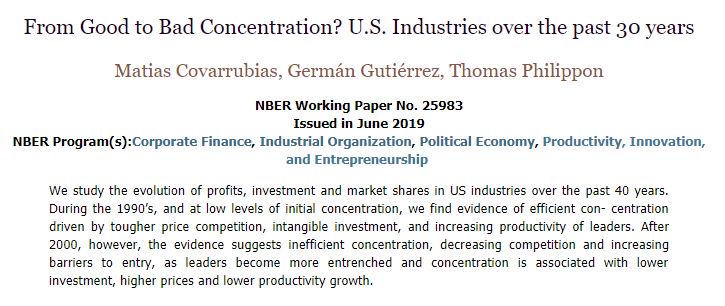 nberpubs's tweet image. U.S. industrial concentration can be good or bad, but it has become more negative in recent years, from Matias Covarrubias, Germán Gutiérrez, and Thomas Philippon nber.org/papers/w25983