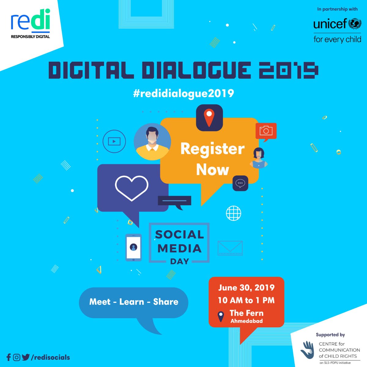 KrunalShah225's tweet photo. Join 7th edition of ReDi ( Digital Dialogue on #SocialMediaDay on June 30, 2019, supported by Centre for Communication of Child Rights, an sls-pdpu initiative ( @CCCRPDPU)
Date: June 30, 2019 
Time: 10 am to 1 pm 
#ReDi2019
Register : https://t.co/4ouGWBOvgb
Limited seats. https://t.co/QIWJKkH2yX