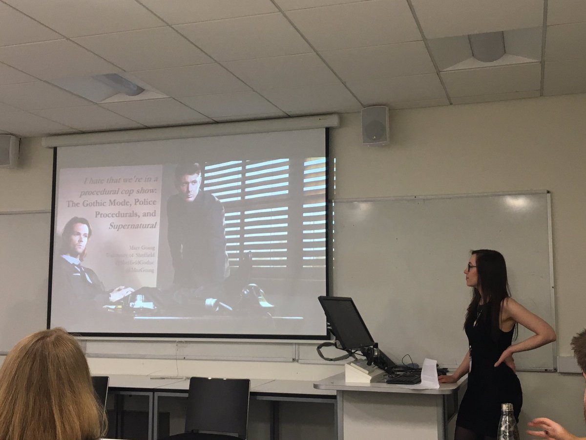 literaryla's tweet photo. Last but not least on Pop Culture Gothic is my best girl, @MazGoing, with her paper ‘I hate that we’re in a procedural cop show: The Gothic Mode, Police Procedural and #Supernatural’. (Insider fact: she spent ages perfecting this image for PowerPoint 🖤) #AbstractPresences19 https://t.co/i3mGohpmUZ