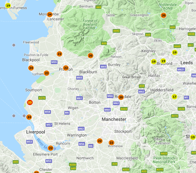 ☀️ Current temperatures across NW England. ☀️

A simply lovely 25°C along the coast. Plenty of sunshine and heat in the tank for the coming days. 😉

#Summer #NorthWest #Weather