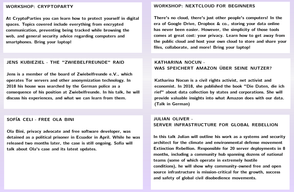 The talk &amp; workshop descriptions are online on transcyberien.org/?germany

Join us on July 13th at <a href="/cbase/">c-base e.V.</a>!

With <a href="/qbi/">Jens Kubieziel</a> <a href="/kattascha/">Katharina Nocun</a> <a href="/claucece/">sofía celi</a> <a href="/freeolabini/">#FreeOlaBini</a> <a href="/julian0liver/">Julian Oliver (@JulianOliver@mastodon.social)</a> <a href="/CryptoPartyBER/">CryptoParty_Berlin@aleph.land</a> <a href="/jospoortvliet/">Jos Poortvliet</a> <a href="/Nextclouders/">Nextcloud 📱☁️💻</a>