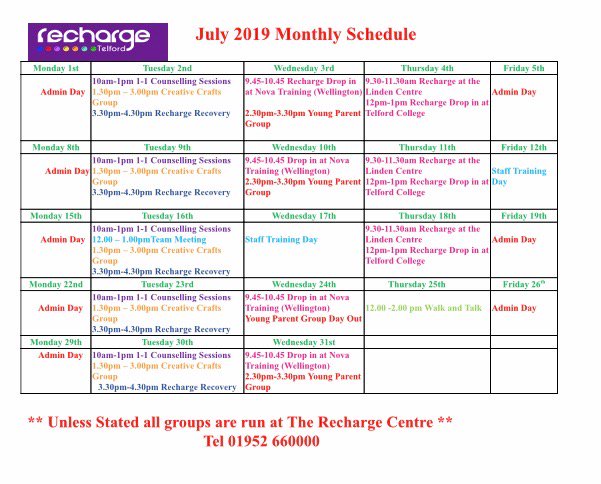 Here's July's Recharge timetable of activities #supportingyouth #recovery #youthworkchangeslives #addiction