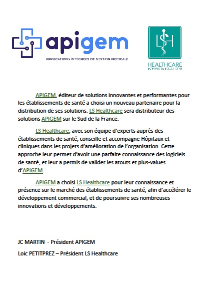 <a href="/APIGEM_SANTE/">APIGEM</a> et <a href="/LSHFR/">LS HealthCare</a>  signent pour un accord de distribution des solutions #santé d'Apigem pour le Grand Sud de la France.