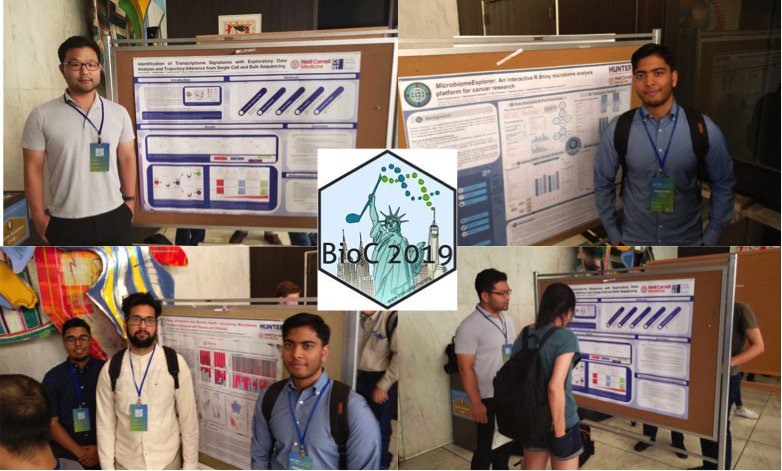 claudiawultsch's tweet photo. #BCGL students at the #BioC2019 poster session yesterday. Well done, guys!! @bioitx @Hunter_College @WeillCornell @CUNY #bioinformatics #genomics #microbiome #SingleCell https://t.co/2DDzneIx0Q