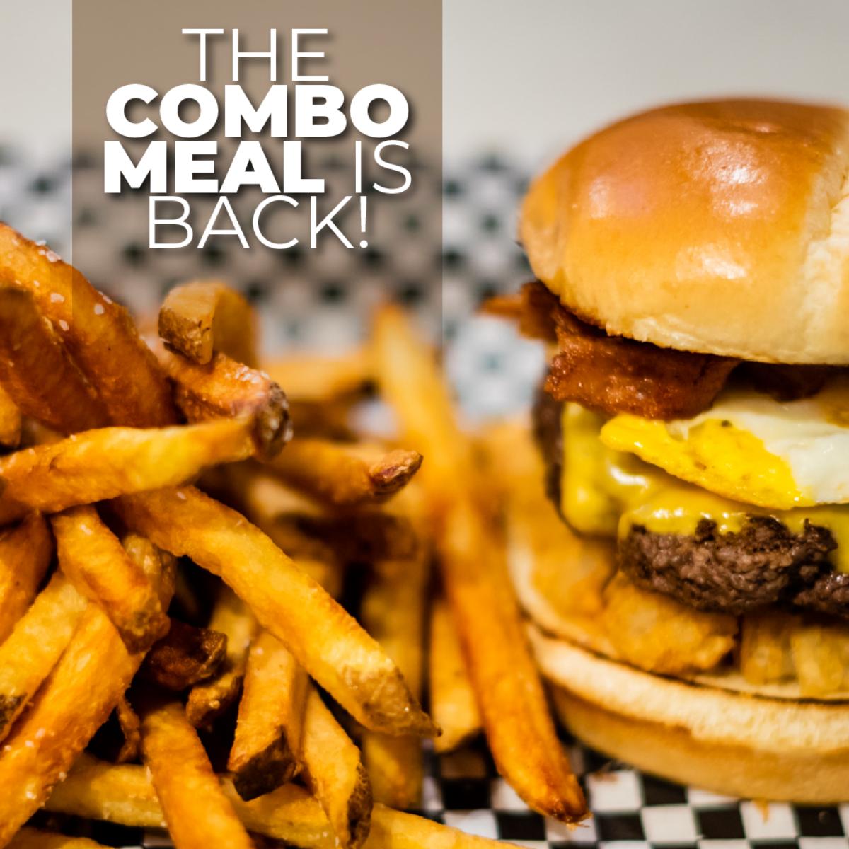 ChopShop614's tweet photo. Our combo meal is back! Make any burger or sandwich a combo for an extra $2.50. Every combo includes regular fries and a fountain soda. https://t.co/yUU5YLzgaj