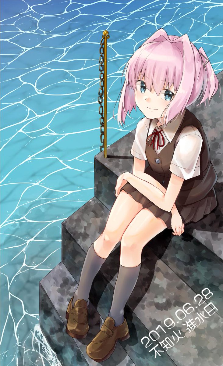 shiranui (kancolle) 1girl solo pink hair skirt vest shirt sitting  illustration images