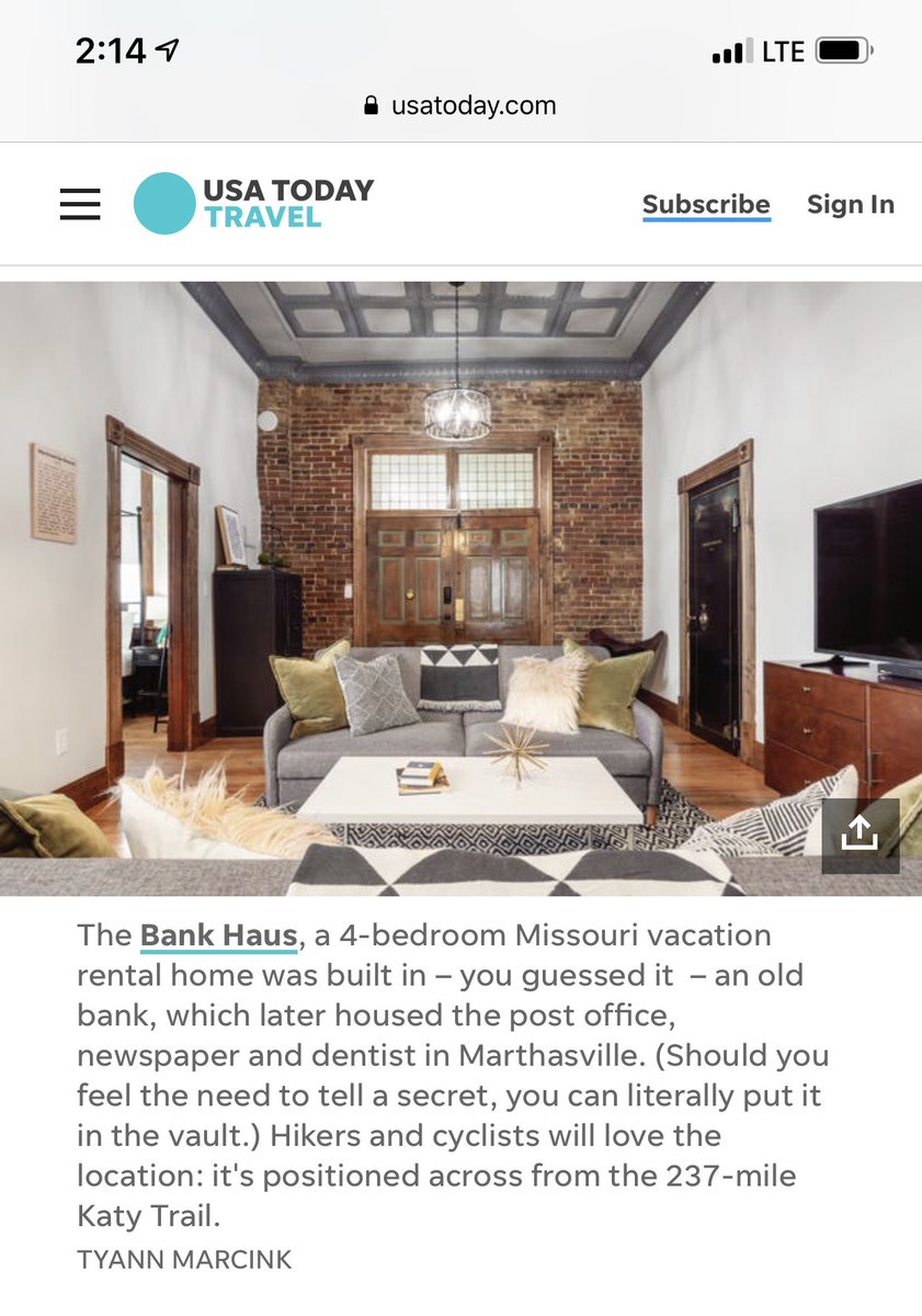 tyannmarcink's tweet photo. @usatodaytravel chose my Bank Haus as one of the coolest @airbnb places in the United States! #vacationrental @VisitMO @Emissourian @FOX2now @ksdknews #visitmo #missouriadventure https://t.co/KjPElsAESX