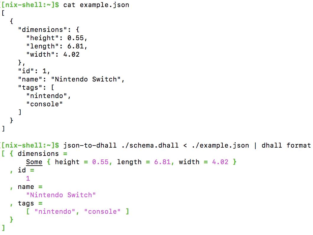 Example conversion of JSON to Dhall