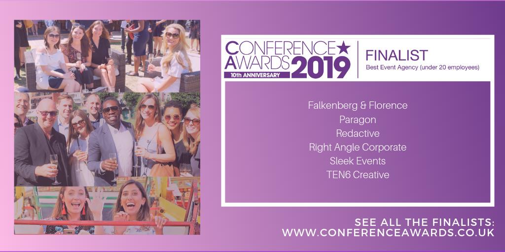 Looking to take the 'Best Event Agency - under 20 Employees' title are <a href="/FalkandFlo/">Falkenberg&Florence</a> <a href="/_thisisparagon/">Paragon</a> <a href="/WeAreRedactive/">Redactive</a> @RA_EventsLtd <a href="/SleekEvents/">ojo olugbenga</a> and @ten6creative.  Good luck to you all and see you at #confawards!
bit.ly/2Tn3lcf #eventprofs