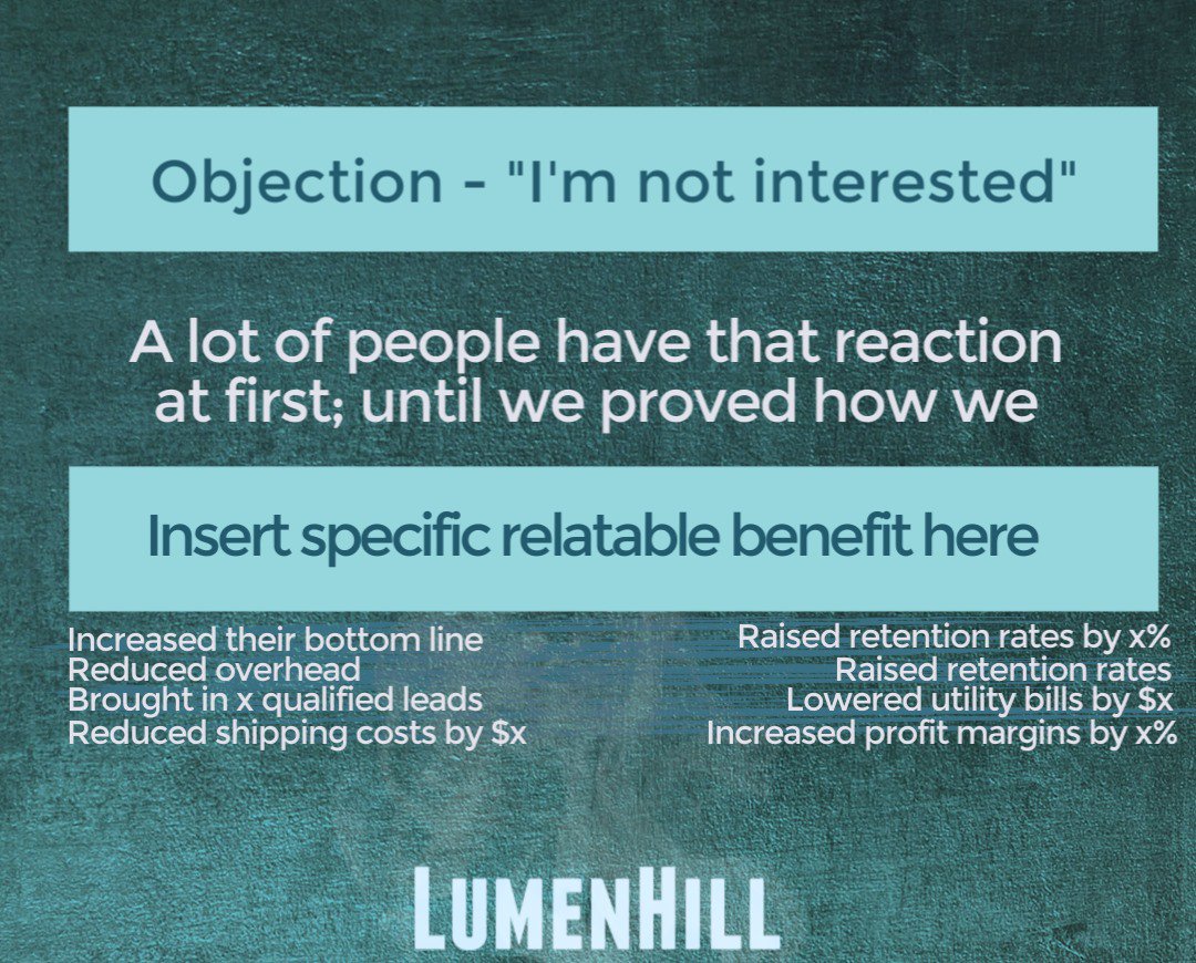 coldcallhero's tweet image. "I'm not interested" is a very common objection, combat it like this:
#sales #objection #Salestips #b2b #b2bsales #bd #salespodcast #quote #coldcall