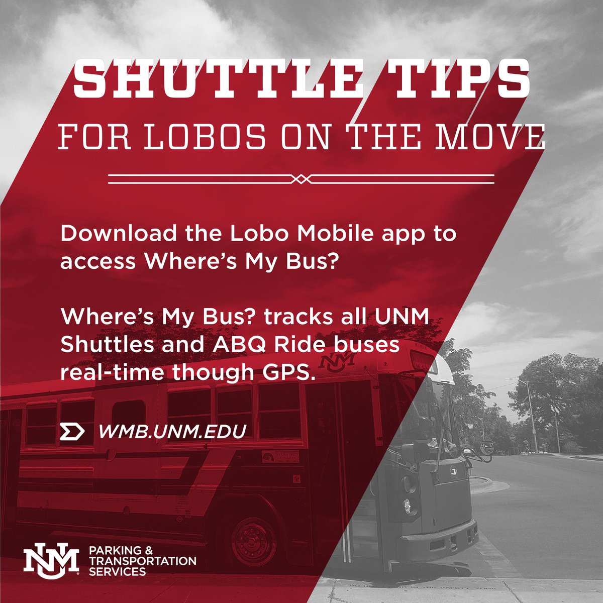 UNMPATS's tweet photo. Here's a tip for a swift ride on the PATS shuttles. Download the LoboMobile app or visit https://t.co/DUYJbsF2Ab to track your shuttle real-time.

#UNMshuttles https://t.co/2gy7ZFCW6t