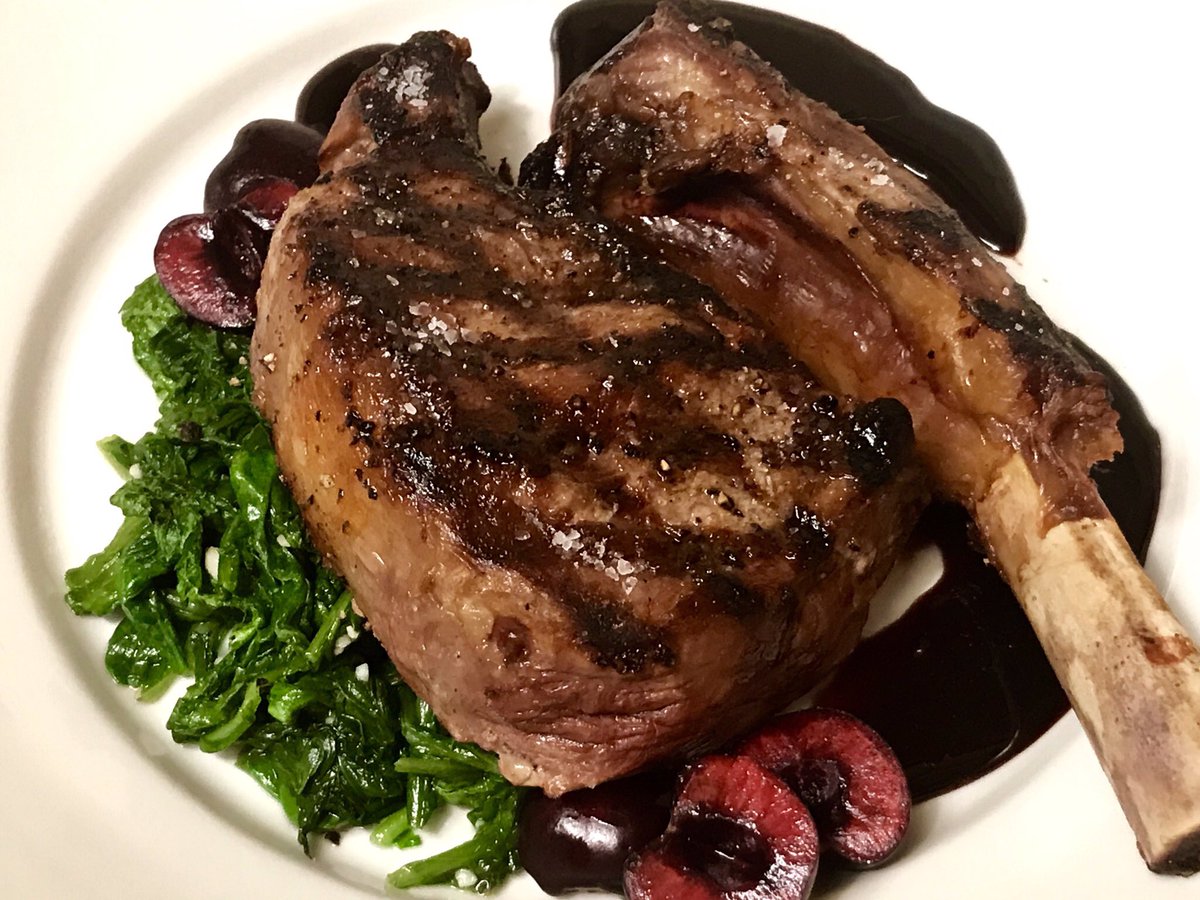 Grilled Veal Chop / Port Wine &amp; NW Cherries Demi Glacé / Sautéed Radish Tops

#dinnerathome #grilling #vealchop #veal #portwine #cherries #forkyeah #eeeeeats #cheflife