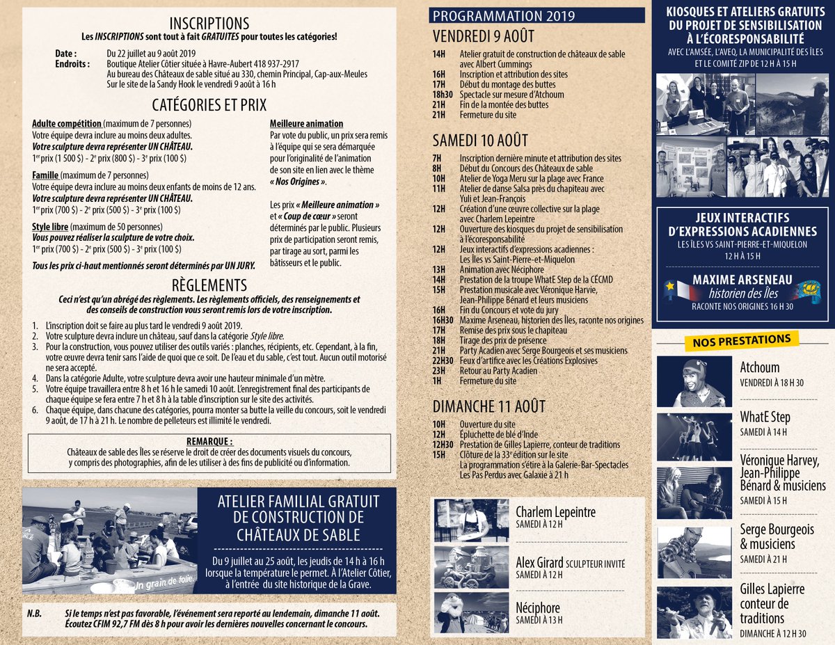 chateauxdesable's tweet photo. La 33e édition du Concours de Châteaux de sable des Îles 2019 est lancée. Voici le dépliant officiel! 🎉🎉🎉
(Pour bien voir la programmation, enregistrer l'image sur votre téléphone ou ordinateur, puis utiliser la loupe) #chateauxdesabledesiles #fousdesiles #quebecmaritime https://t.co/mAIDnzWp9H