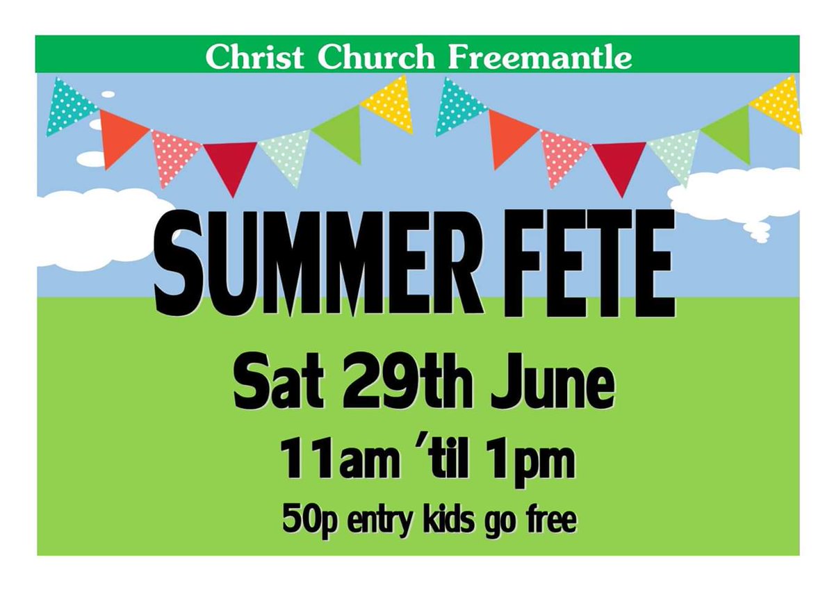 This Saturday we have our summer fete! 11am - 1pm in the church. 50p entry, children free. Lots of stalls; cakes, preserves, books, tombola, grand draw, refreshments and more! #summer #fete #Freemantle #Shirley #Southampton #Community