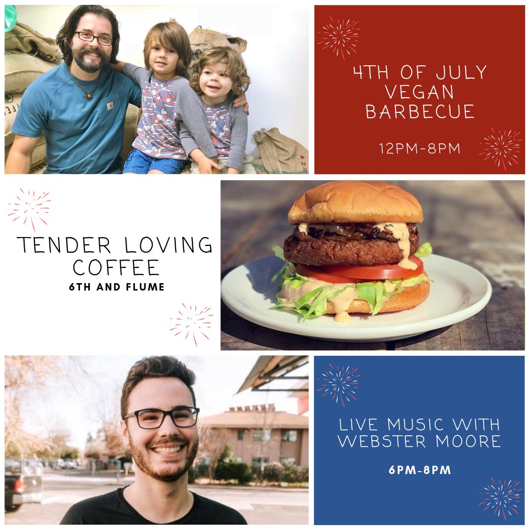 TLCRoasters's tweet photo. CELEBRATE 4TH OF JULY WITH US! 🧨🍔🎈🌭
Your favorite vegan chef @dangvegan will be flipping vegan burgers and mixing up other vegan bbq delights. We are excited to host a 4th of July vegan barbecue full of activities for kids and live music by the magical Webster Moore ✨ https://t.co/3Ah7ie3yRq