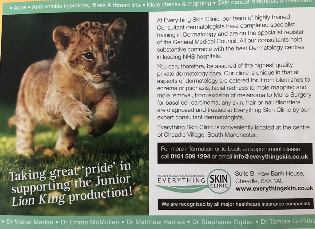 @WGSManchester what a fabulous #LionKing performance by the talented  @WGSJuniors. Great choreography and a fabulous musical. <a href="/everything_skin/">Everything Skin Clinic</a> is proud to support the cause.