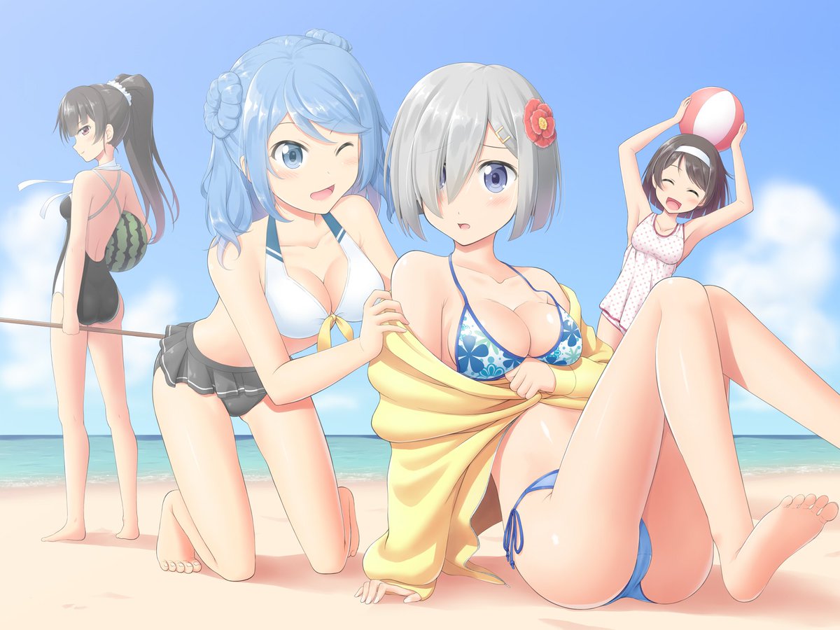 桐生なおと 夏っぽいものを一枚ということで 第十七駆逐隊のみなさんです 浜風を中心に流れで描き始めたものの どうしてこうなった ゝ 艦これ 水着 浜風 浦風 磯風 谷風 第十七駆逐隊