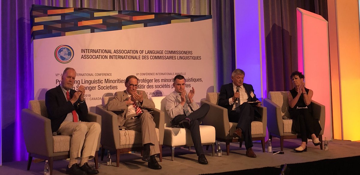 IALC2019's tweet photo. The IALC and the Future of Linguistic Rights World,exceptional panel
Meri Huws, former Welsh Language Commissioner
Graham Fraser, former Official Languages Commissioner of Canada
Seán Ó Cuirreán, former Irish Language Commissioner
Pär Stenbäck, former Foreign Minister of Finland https://t.co/Zw4QJwTGgP