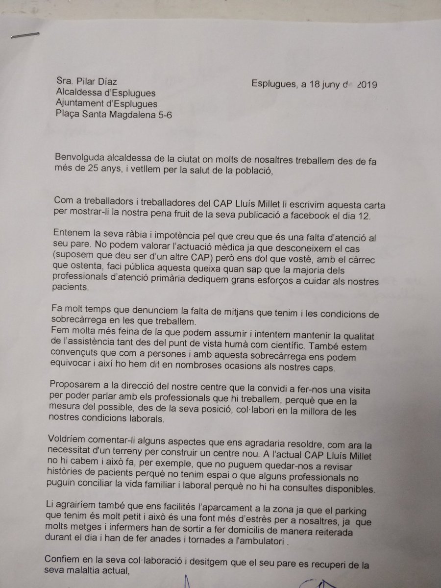 LauraGoGi's tweet photo. Avui he registrat a l'ajuntament carta dirigida a l'alcaldessa d'#Esplugues en resposta als seus comentaris fets en Facebook el 12 de juny @socialistes_cat @MareaBlancaCAT @rebelioprimaria #AtencioPrimaria #laprimariajanocalla #OrgullPrimària https://t.co/ErzFP18jAf