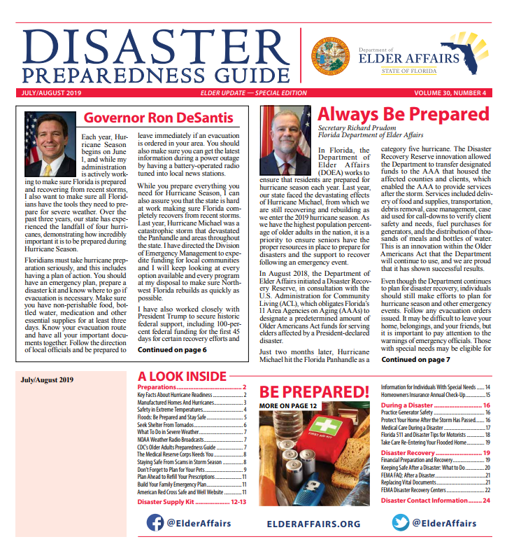 elderaffairs's tweet photo. The Disaster Preparedness Guide issue of our #ElderUpdate is now available! Read it online, or sign up to have the newspaper delivered to you for #FREE here: https://t.co/MSARfHMyLU #DisasterPreparednessGuide #HurricanePrep #FloridaNews #ElderNews #SeniorNews https://t.co/mwJC5zvRF3