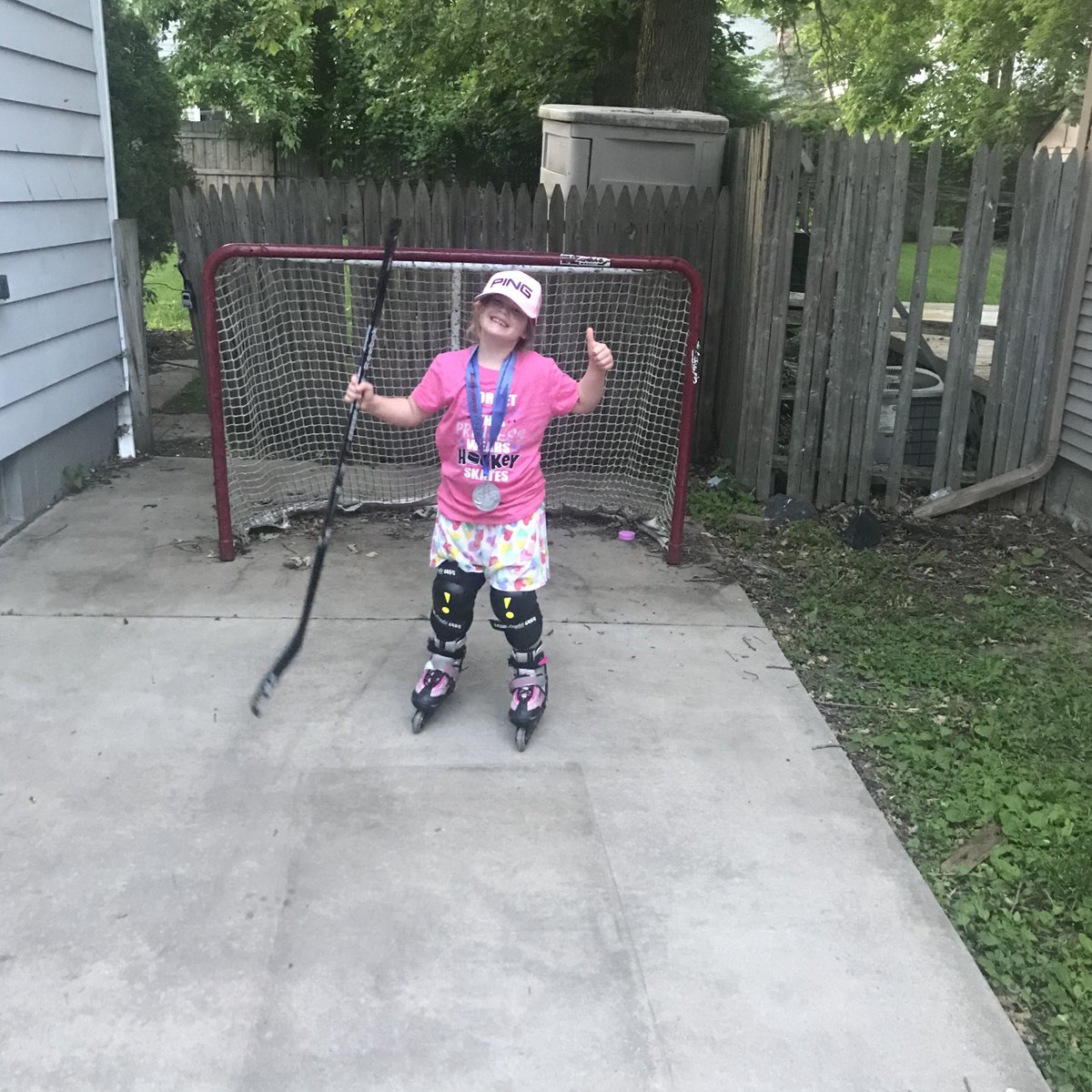 Two hockey firsts today. Vivi’s first time on rollerblades.
