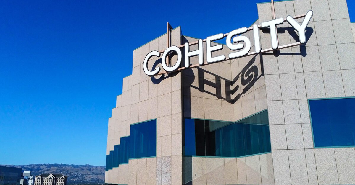 Cohesity's tweet photo. [Blog] Cohesity rises to new heights in Downtown San Jose! We're continuing to make our mark with our latest addition to the #SiliconValley skyline. Check it out: https://t.co/15aAFQts5i https://t.co/nhJpeLlrVJ