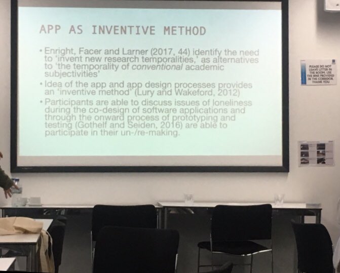 Centres_GWC's tweet photo. Enjoying the ‘Digital Collaborations’ session at #CCCconf19, with insights on participatory filmmaking with young people, photo elicitation, and the use of an app in a co-production setting to tackle loneliness. Honest reflections on the practical and ethical challenges https://t.co/By4QsKYU01