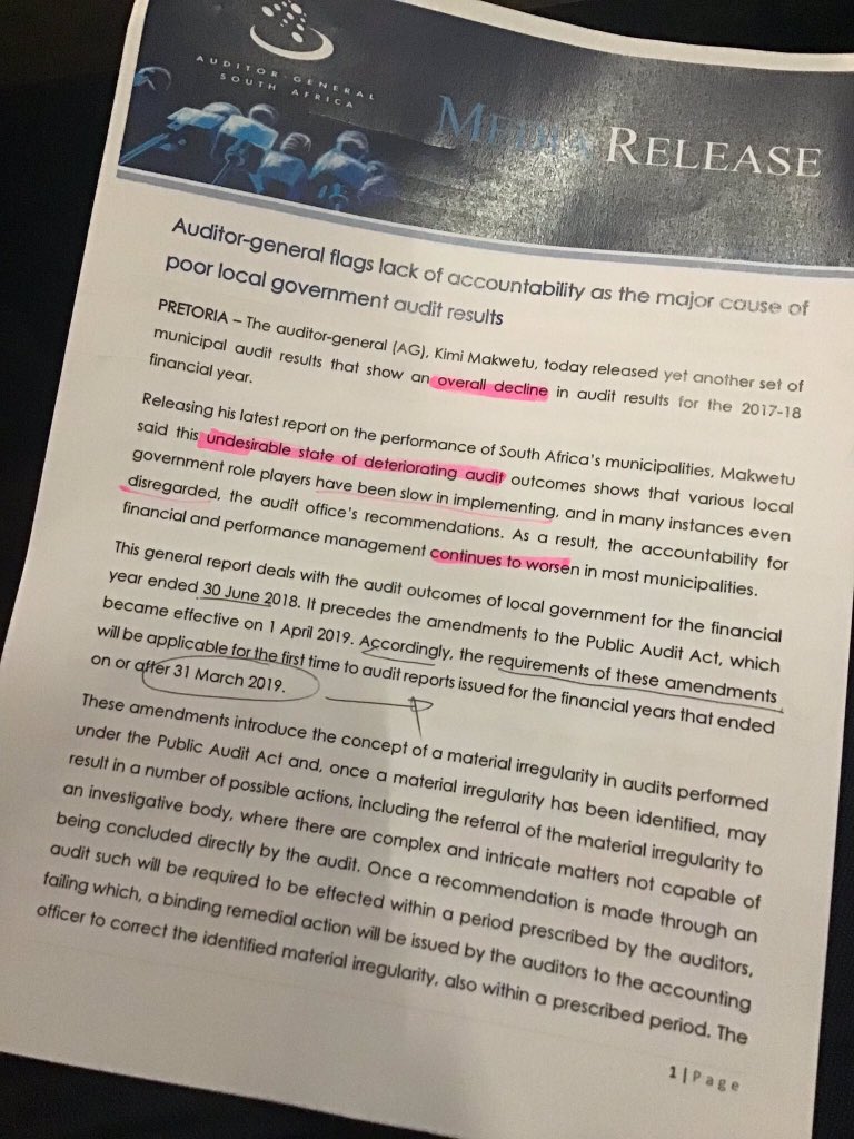 AFROSAI (@sgafrosai) on Twitter photo Slow implementation of audit recommendations worsens performances of South Africa’s municipalities
#pressrelease <a href="/AuditorGen_SA/">Auditor-General South Africa</a> Slow implementation of audit recommendations worsens performances of South Africa’s municipalities
#pressrelease <a href="/AuditorGen_SA/">Auditor-General South Africa</a>