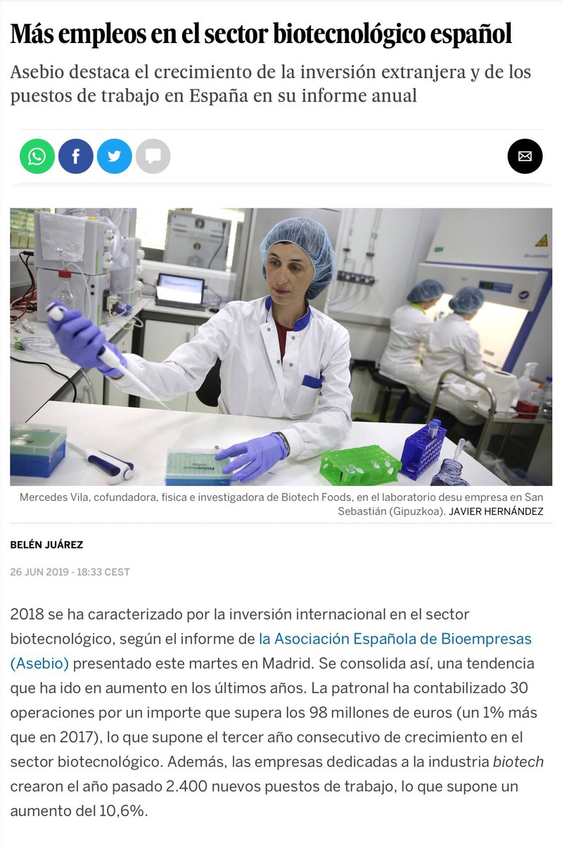 sombradoble's tweet photo. Ciencia e innovación generan empleo, impacto económico y mejoran la vida de las personas.
Datos en la presentación del #InformeASEBIO2018 sobre la #biotecnología en España
@belenjuarez93 en @el_pais vía @Raquel_Szt @asebio
https://t.co/hwSZTlPooz https://t.co/zvBWb7Wh8K
