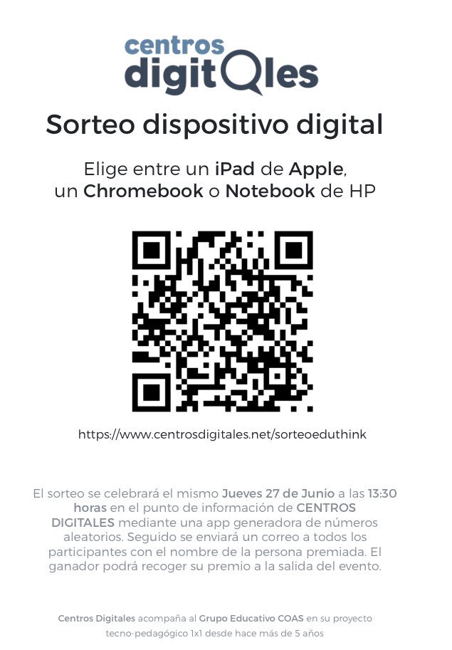 CentrosDigitale's tweet photo. Y la ganadora del dispositivo es .... Inés Rivero Azaola del Colegio Erain Txiki Coas. ¡Enhorabuena!
#EduThink2019 https://t.co/HRDtDok4Sn