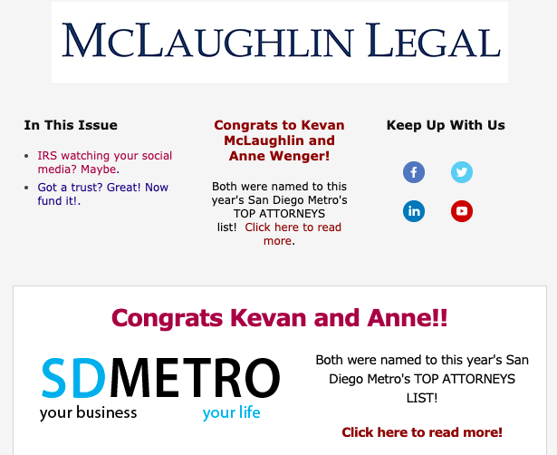 McLaughlinLegal's tweet photo. Did you miss our monthly #ENewsletter? No worries! Here you go! #TaxLaw #EstatePlanningLaw https://t.co/n5poN4CMtH] https://t.co/CoXn2S4RzF