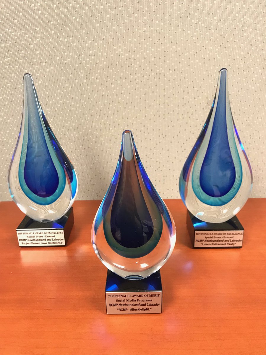 ga3power's tweet photo. The Pinnacle Awards my team and I @RCMPNL received at last night’s ⁦@IABCNL⁩ #Pinnacles2019 for communications excellence are now proudly displayed in our office. We love the design and colours of these awards! Thanks ⁦@IABCNL⁩ ⁦#soproud https://t.co/QsSDT0cyGe