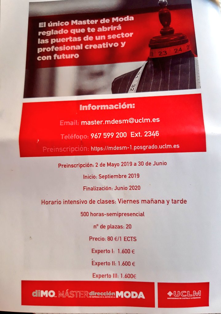 ftaadcee_ab's tweet photo. MÁSTER EN DIRECCIÓN DE EMPRESAS EN EL SECTOR DE LA MODA @diMOUCLM
 
Título propio de la @uclm_es, compuesto x 3️⃣ Títulos de Experto
Preinscripción (hasta 10/07): https://t.co/PZxHit7HCT

@GonzalezMorenoA 
@Lola_Tendencias

Avala @CreadoresACME,
@ftaadcee_ab y Dpto. ADE UCLM https://t.co/BoNBhxkguU