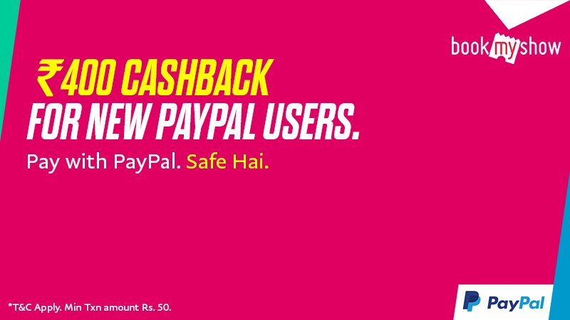 bookmyshow's tweet photo. Now receive instant cashback up to INR 400 by checking out using #Paypal as you book your tickets on BookMyShow. Details https://t.co/lxMCvBUixB #BMSOffer https://t.co/0vppnjMMgU