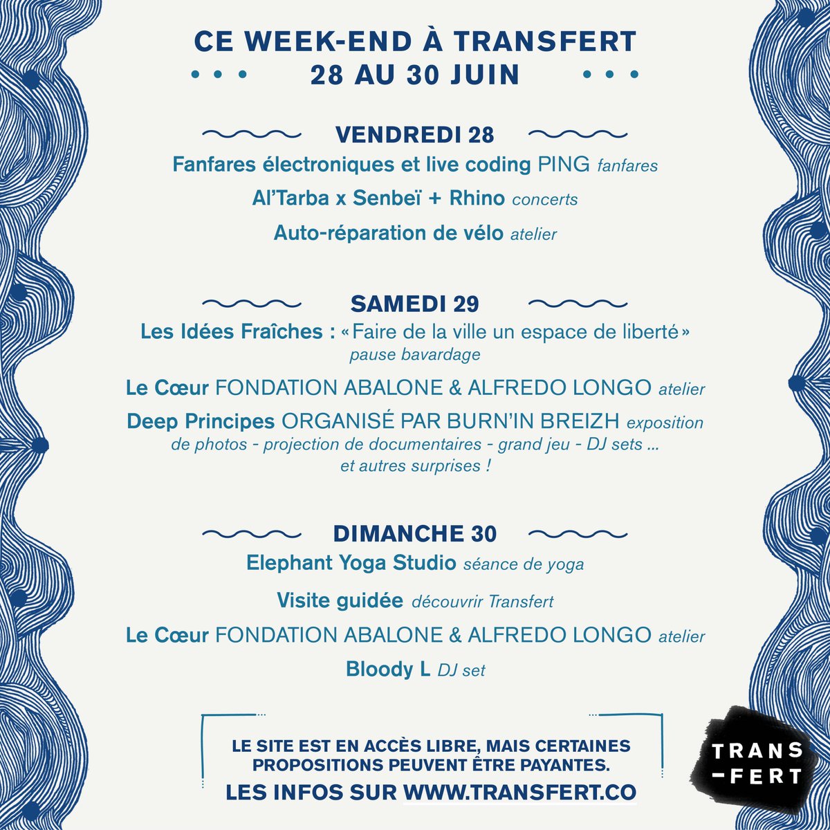 TransfertCo's tweet photo. ☀️  #LAPROG - SEMAINE 7 🌴

Demain on ouvre la saison des concerts avec @altarba et @Hugosenbei ! Samedi, l'esprit du @burningman s'invite à Transfert. Dimanche, on termine en douceur avec Bloody L ! Chaleur, voyage, douceur 🔥✈️❤️
 
https://t.co/u8J8tlqJFK ✌️

#transfertco https://t.co/7CSbu6jASt