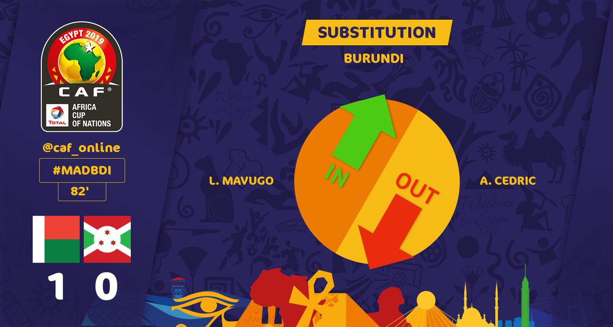 CAF_Online's tweet photo. SUBSTITUTION | Burundi: L. MAVUGO comes in for A. CEDRIC  #TotalAFCON2019 #MADBDI https://t.co/hxbNLoJTEP