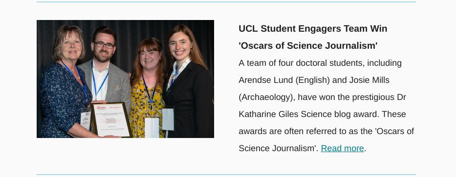 Glad to see more press over our @ABSW win! Our team is made up of 12 doctoral students doing ground-breaking interdisciplinary work in the @UCLMuseums. Happy days <a href="/uclnews/">UCL News</a>!