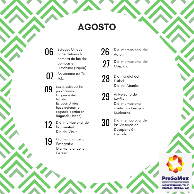 ProSoMex's tweet photo. Julio y agosto están a la vuelta de la esquina 😱, te compartimos el calendario #Prosomex esperamos te inspire para crear tu contenido de tus redes en estos meses 📆.
#MarketingDigital #EstrategiaDigital #Contenidos #Prosomex https://t.co/pe1koJp6c4