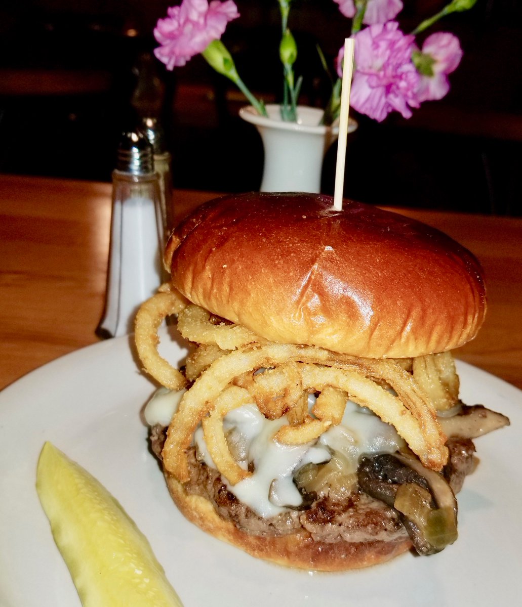 Delicious! Today- The Steakhouse Burger....1/2lb juicy beef, crispy onion straws, savory mushrooms, Swiss cheese, cooked to order. East Troy House consistently delicious food.