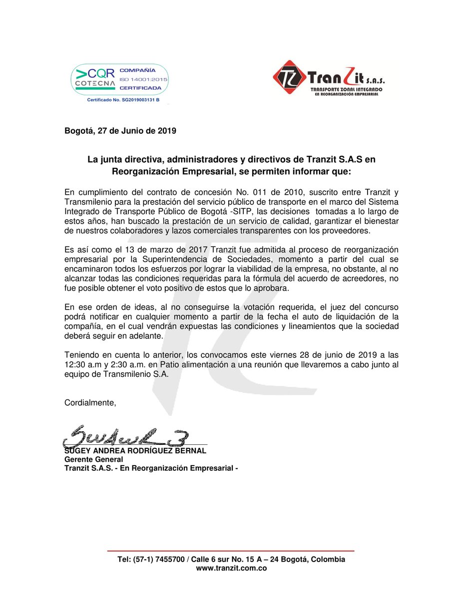 TranzitSAS's tweet photo. comunicado dirigido por la Gerencia y Junta Directiva de Tranzit https://t.co/0u8OwdNy7H