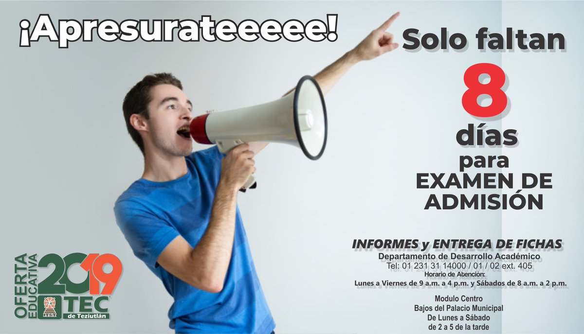 TecNMTeziutlan's tweet photo. Cada día más cerca. Apresúrate para formar parte de la Comunidad Mapache.
Acude al Instituto a sacar tu ficha para Examen de Admisión o en el Módulo en Bajos del Palacio Municipal https://t.co/diYBF5JrU5