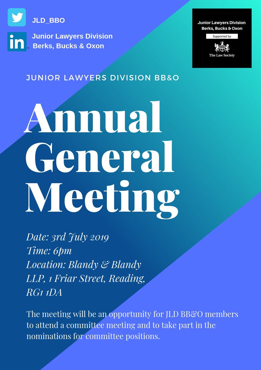 JLD_BBO's tweet photo. Just a reminder that our AGM is taking place on 3rd July at @BlandyBlandyLLP offices in Reading. Please email us should you wish to attend or wish to be nominated as a committee member. Full details can be found on the attached flyer. https://t.co/l40FI2PJKh