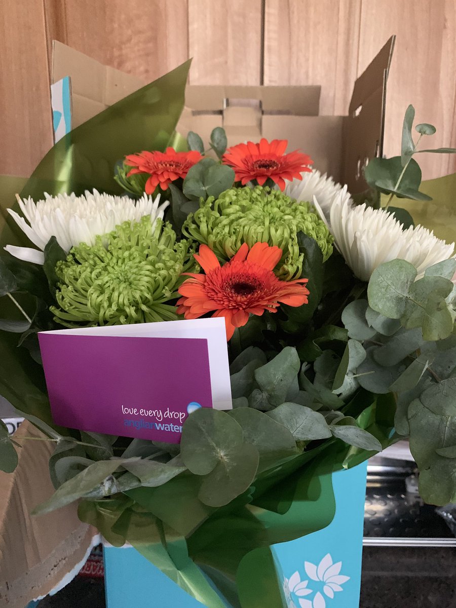 emlouclarke's tweet photo. Such a lovely surprise to arrive home from work and receive flowers from @AnglianWater 😍 Thank you to Rebecca for your help on the phone the other day and your kind words in the card #mademecry #solovely #amazingcustomerservice #thankyou https://t.co/LYp4LectqU