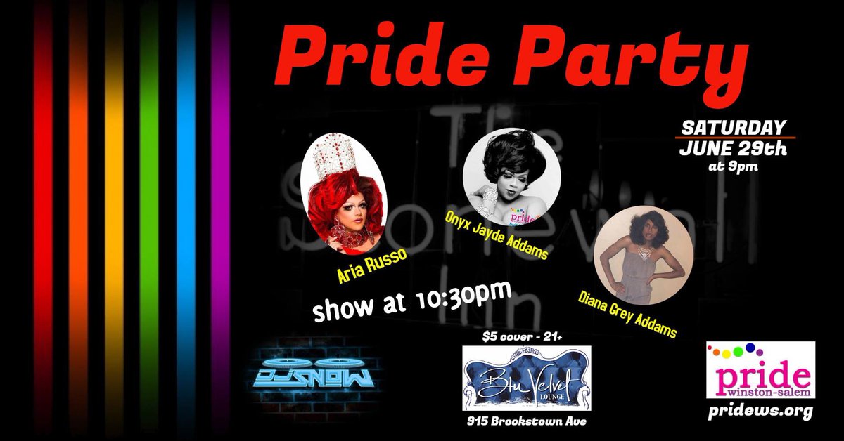 _OddGeek's tweet photo. Come party with us as Pride Winston-Salem celebrates the end of Pride Month this Saturday, June 29th at Blu Velvet Lounge. Our show will start at 10:30 pm!  DJ Snow will be spinning starting at 9:30 pm. 🏳️‍🌈✨🎉🏳️‍🌈 #PrideWS #PrideParty #DianaGreyAddams https://t.co/M7xz93CM83