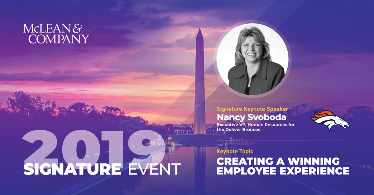HRMcLeanCo's tweet photo. Learn from industry expert Nancy Svoboda how the @Broncos are creating a winning employee experience. Join us in Washington this Sept. 23-24 for the premier HR event of the year. Register now: https://t.co/7lOy51Oy7O #Signature2019 https://t.co/Z1G8ImQMdj