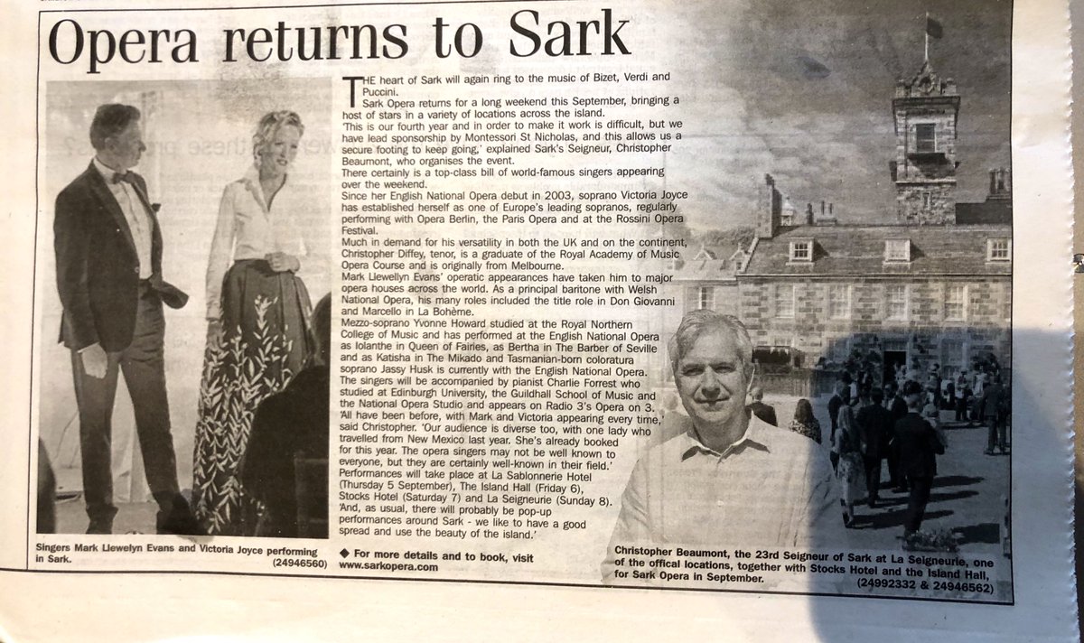 OperaSark's tweet image. Yesterday's @GuernseyPress providing a sneak preview of the Sark Opera 2019. As they put it, "world-famous singers ... in a variety of locations across the island". Not to be missed. The performance at the Island Hall also has a dinner option. More info on sarkopera.com
