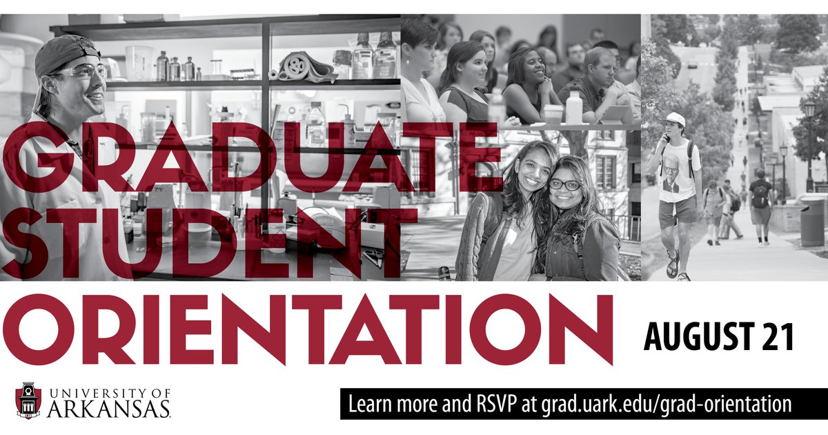 uarkgsie's tweet photo. Will you be a new #uark grad student this fall? Make sure you RSVP for orientation. #gradschoolorbust

➡️ https://t.co/zydwNPlZUq https://t.co/TUqqkF7pjl